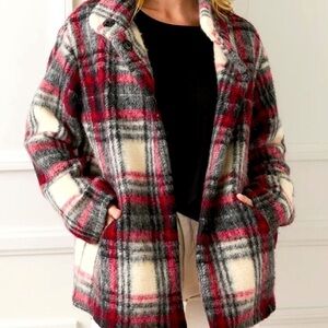 Karen Kane wool blend funnel neck plaid jacket. Pockets. Size Large. NWT